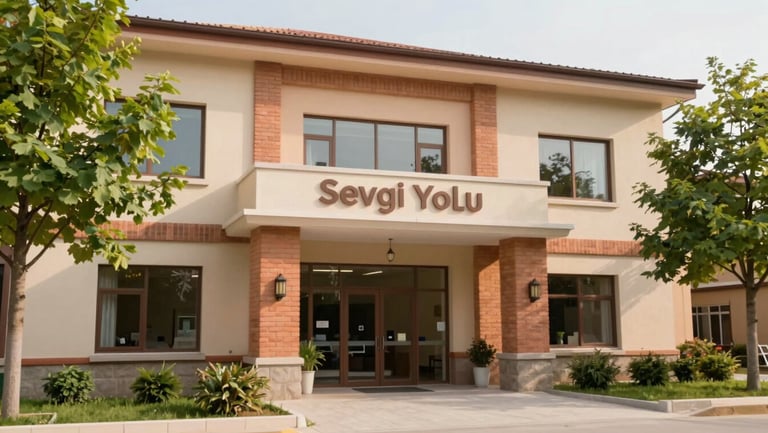 Warm editorial photograph of the modern, welcoming exterior of Sevgi Yolu rehabilitation center, soft terracotta brick accents, green trees framing the entrance, soft natural daylight, 35mm lens.