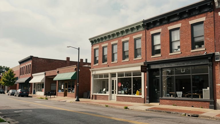 Wide environmental shot of Olive Street in St. Louis, featuring historic brick storefronts under soft overcast daylight with generous negative space.