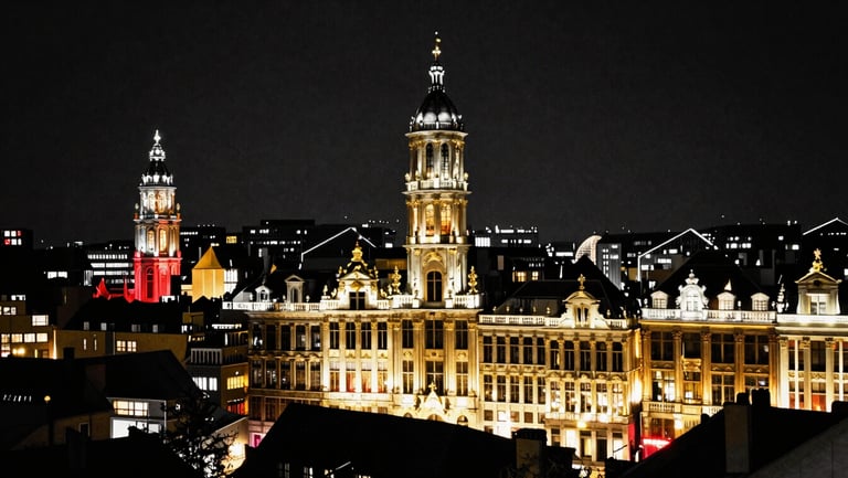 Gritty black and white high-contrast photo of Brussels cityscape at night, golden light leaks, cinematic urban texture