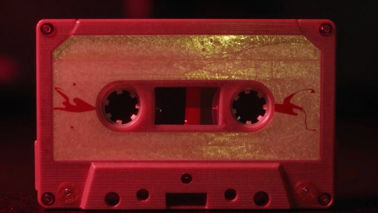 Atmospheric vintage cassette tape close-up, crimson neon glow, gold reflections, 35mm film grain, deep shadows