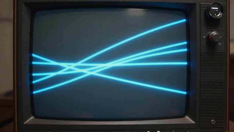 Still frame from Track 02 music video, displaying sharp neon-blue vector lines on a curved retro CRT monitor, deep shadows, industrial texture