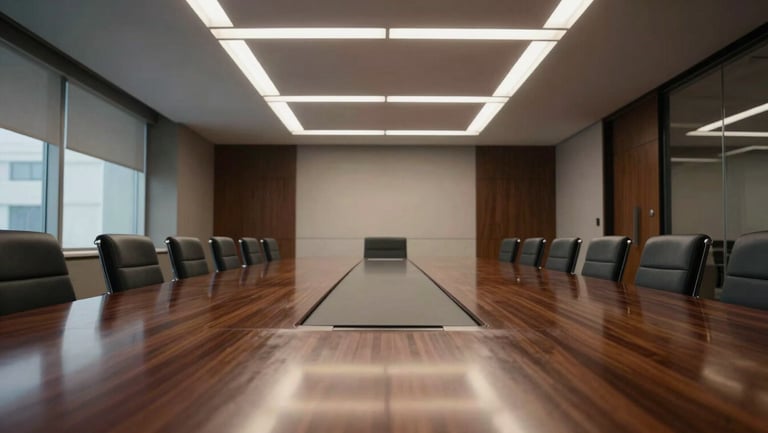 Symmetrical wide-angle perspective of an empty, modern corporate boardroom with a polished dark wood table reflecting sharp linear ceiling lights.