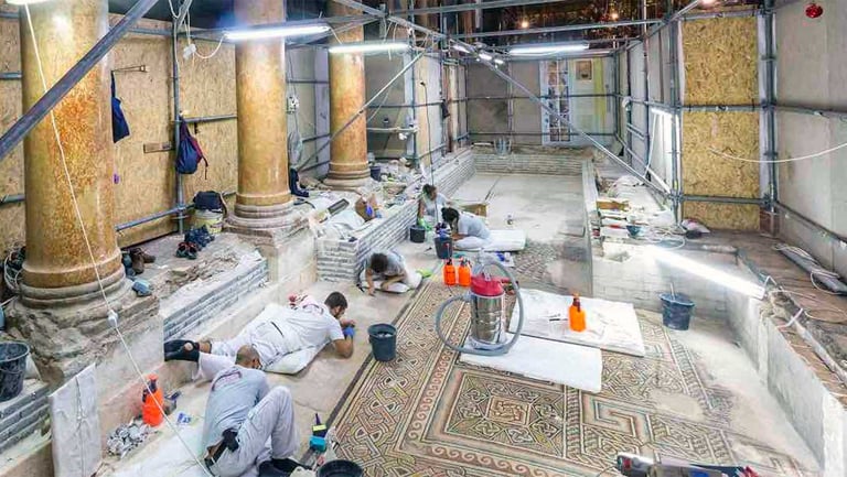 Restoration work inside the Church of the Nativity