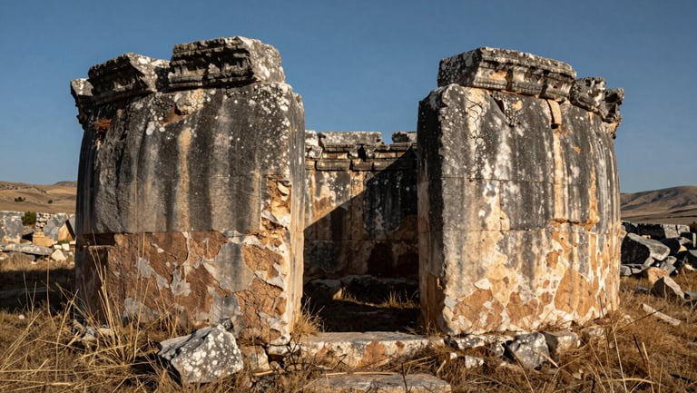 Weathered stone ruins of an undocumented Roman outpost in the Taurus foothills, harsh shadows, dry grass.