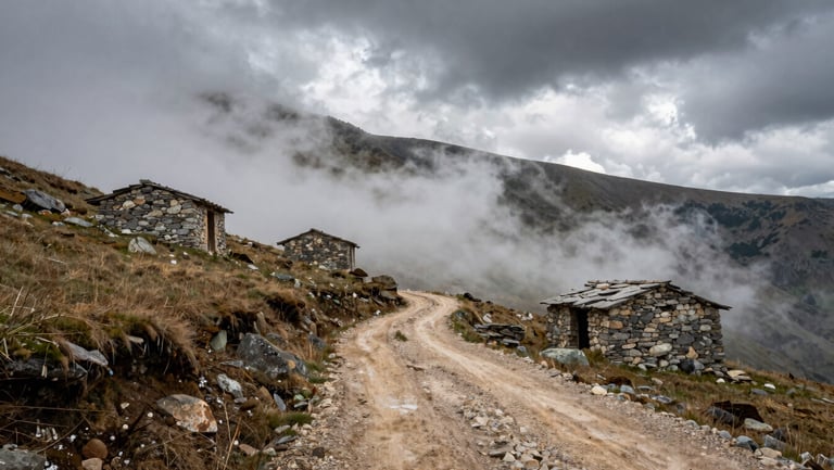 A high-altitude dirt path winding through the misty Kaçkar mountains, isolated stone shepherd huts, dramatic clouds.