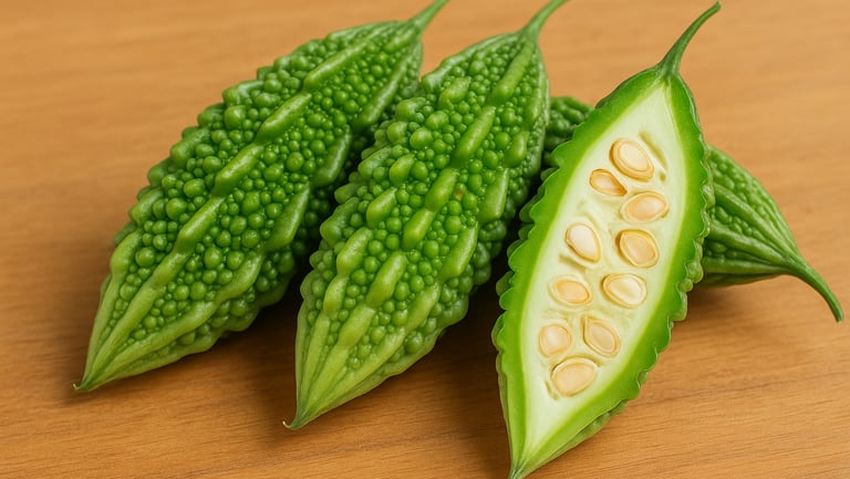 3 pieces of bitter melon and one sliced on a wood surface.