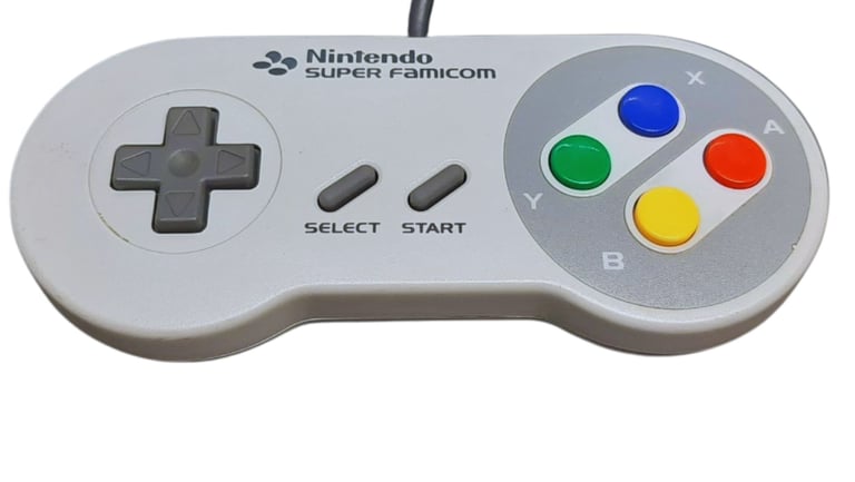 Controle oficial do Super Famicom com botões A, B, X, Y — não ABCD