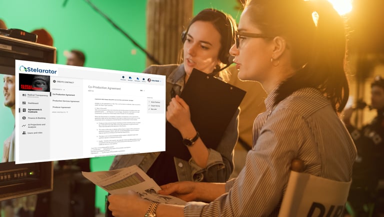 Female Producer on a green screen set with overlayed Stelarator dashboard page showing an AI enabled digital co-pro contract