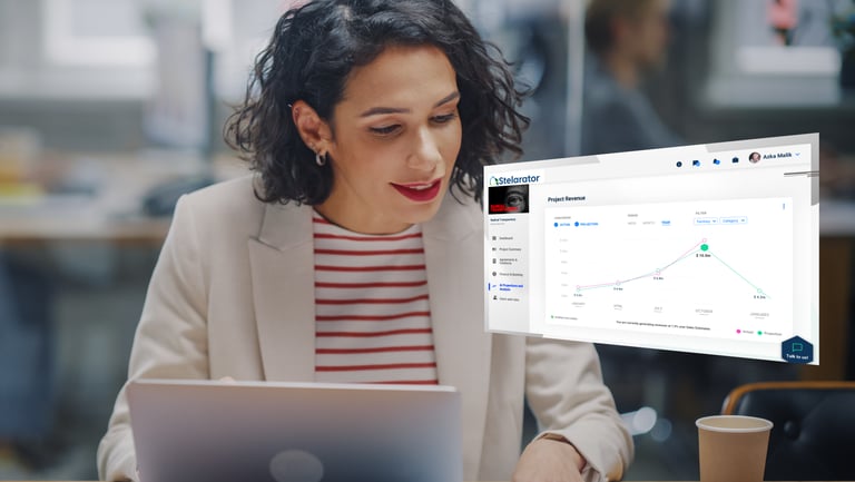Female financier at laptop with overlayed Stelarator dashboard page showing revenues, with AI comments