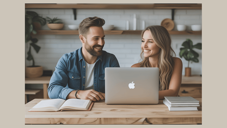 Young couple smiling as they work on their laptop at the kitchen table, symbolizing a new beginning, creating an online cours