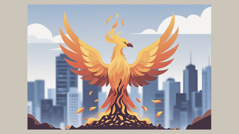Phoenix rises from the ashes in front of the skyline – a symbol of courage, renewal, and a fresh start after burnout.