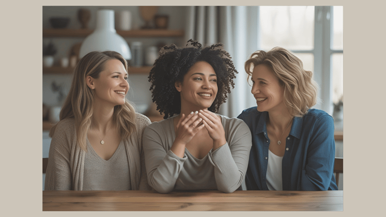 Three women conversing at a table—a trusting exchange about burnout, self-care, and paths to a free, self-determined life.