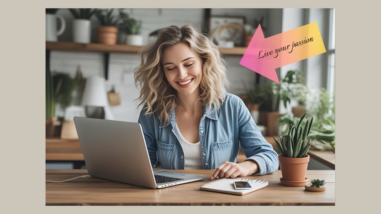 Radiant woman working on her laptop in her home office, inspired by her passion – live your passion in your own business.