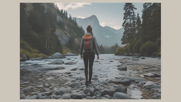 Woman with backpack hiking alone through river landscape in the mountains – symbol of new beginnings, self-empowerment, and t
