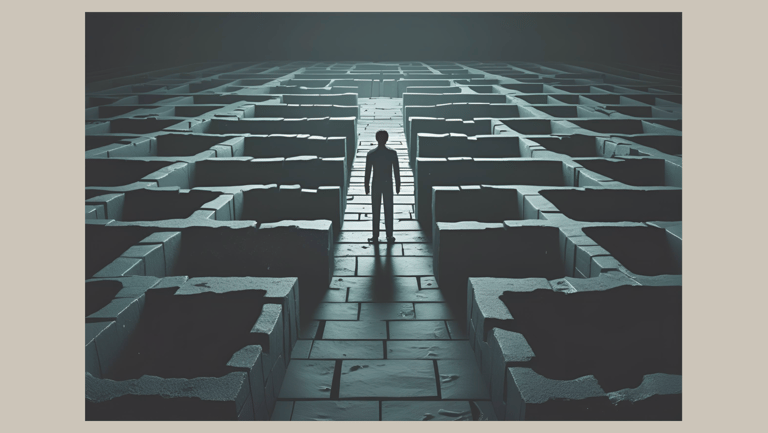 A person stands at the entrance to a labyrinth, symbolizing the thought loops and mental traps that keep people trapped in bu