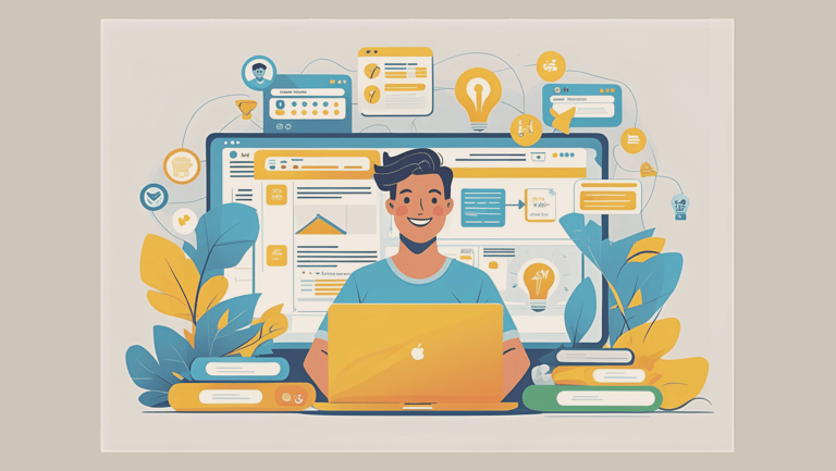 Illustration of a young man at a laptop, surrounded by symbols of technology, automation, and efficiency—a symbol of time sav