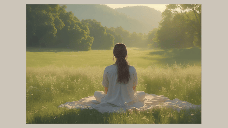 Woman sitting relaxed on a meadow at sunset, surrounded by nature – symbol of mindfulness, slowing down, and healing from bur