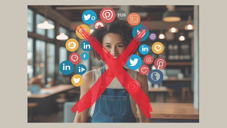 Woman with crossed-out social media icons – symbolic image showing that visibility is possible even without social media expe