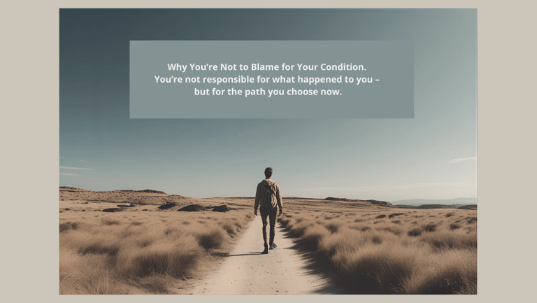 A man walks alone on a path through barren landscape – visual representation of the message: You are not to blame for your si