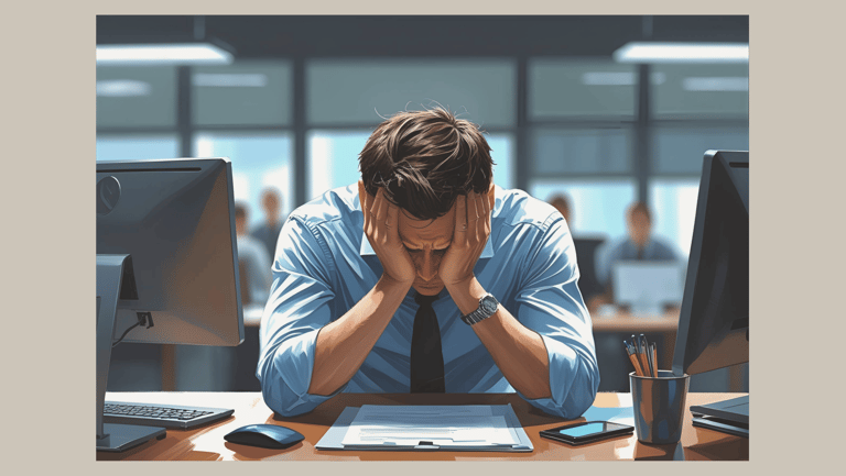 Stressed man in the office sits with his head down between two monitors – symbolizing overload, stress, and health consequenc