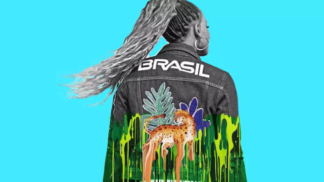 Reprodução de imagem do Capital Reset, mostrando Rebeca Andrade de costas, com jaqueta.