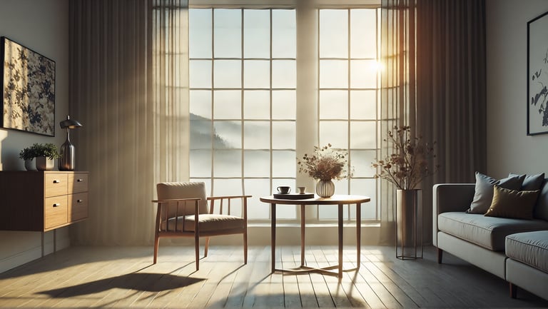 Mesa com cadeira e vaso de flores, simbolizando inspiração e reflexões profundas.