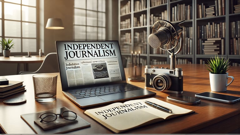 Mesa com microfone, câmera e laptop, simbolizando jornalismo investigativo.