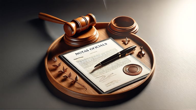 Bandeja de madeira com caneta e papel escrito, simbolizando comunicados e notas oficiais.