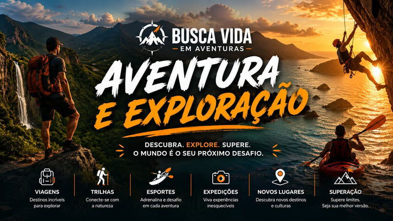 Adventure and exploration banner featuring hiking, rock climbing, and kayaking in a mountain landscape.
