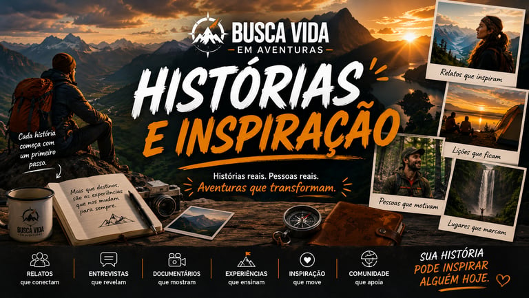 A banner for Busca Vida Adventures featuring a hiker overlooking mountains with travel journals and outdoor photography.