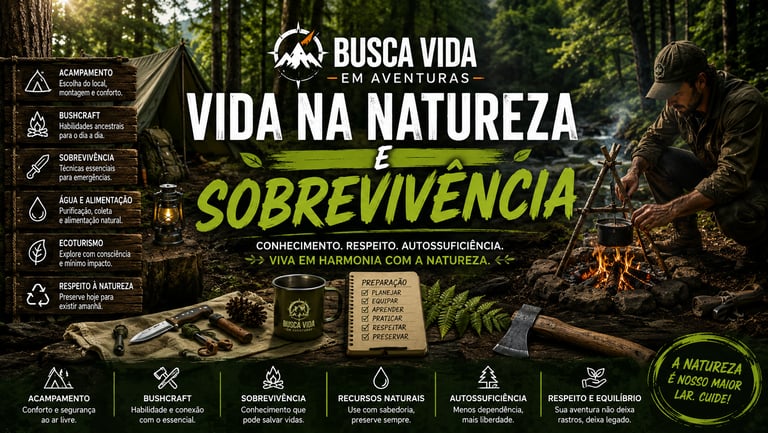 A man practices bushcraft survival skills by a campfire in a forest setting with camping gear.