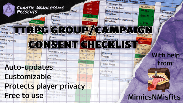 Chaotic Wholesome Presents TTRPG Group/Campaign Consent Checklist  Auto-updates Customizable
