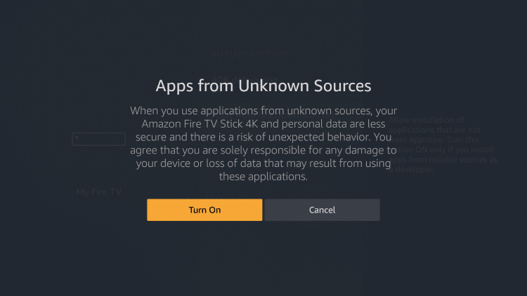 screenshot of myfire tv displays install apps fron unknown sources