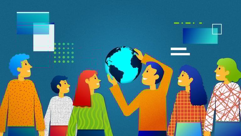 a group of people standing around a globe, surrounded by data and screens