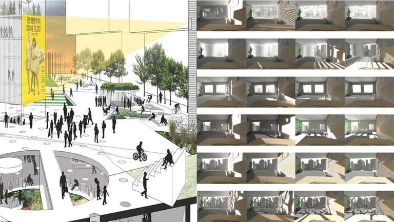 View out study of a multistory building conducted on each floor facing the plaza.