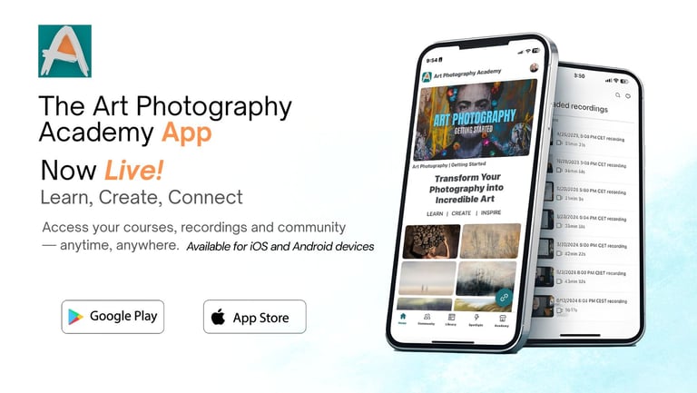 Art Photography Academy app interface on smartphones showing mobile courses and photography lessons.