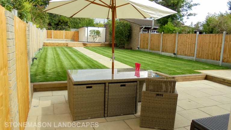 Large multi-level tiered garden makeover, sleeper retaining wall and steps elevated garden