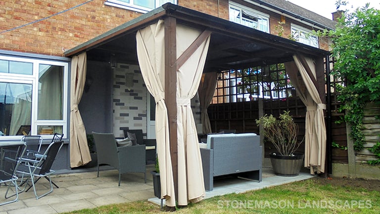 Solid roof sheltered canopy wooden pergola with curtains