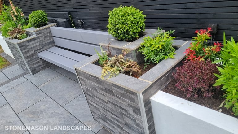 Ultra Modern Chic Dynamic Raised Split Face Planters Porcelain Patio & Bench