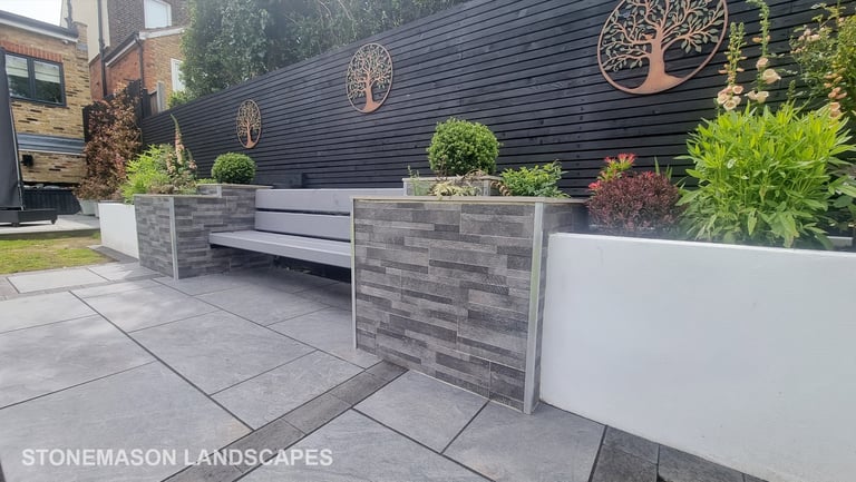 Ultra Modern Chic Dynamic Raised Split Face Planters Porcelain Patio & Bench