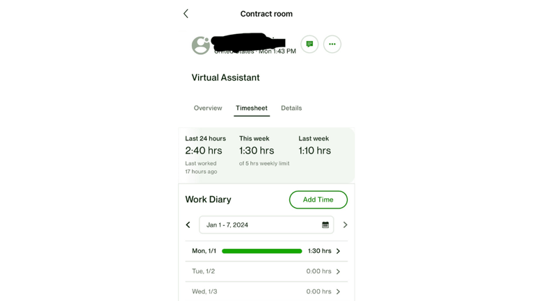 Upwork Time Tracker screenshot of a timesheet showing hours worked with a work diary.