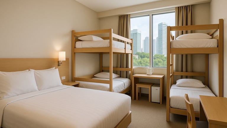 Family-friendly budget hotel room in Singapore with a queen bed, twin beds, modern decor, and city view