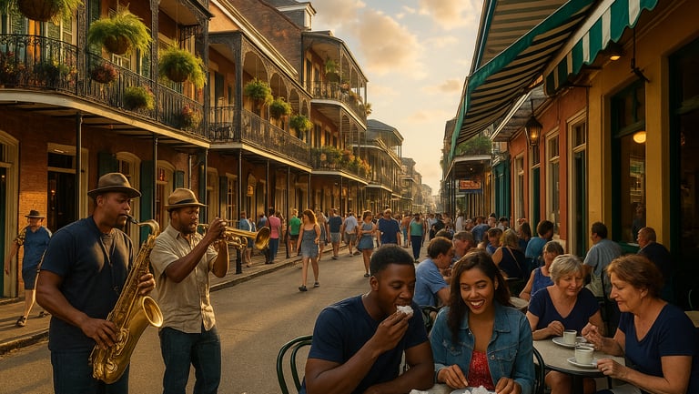 Street musicians performing in New Orleans’ French Quarter with colorful buildings and café diners enjoying the festive vibe.