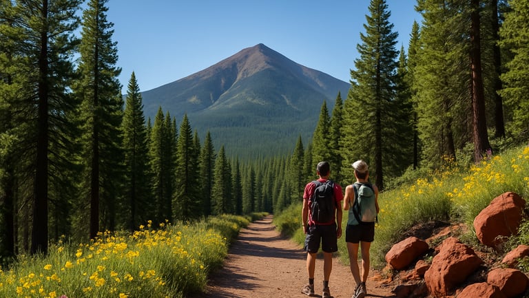 Hikers on a trail near Flagstaff, Arizona, surrounded by pine forests and distant mountain peaks under a clear sky.
