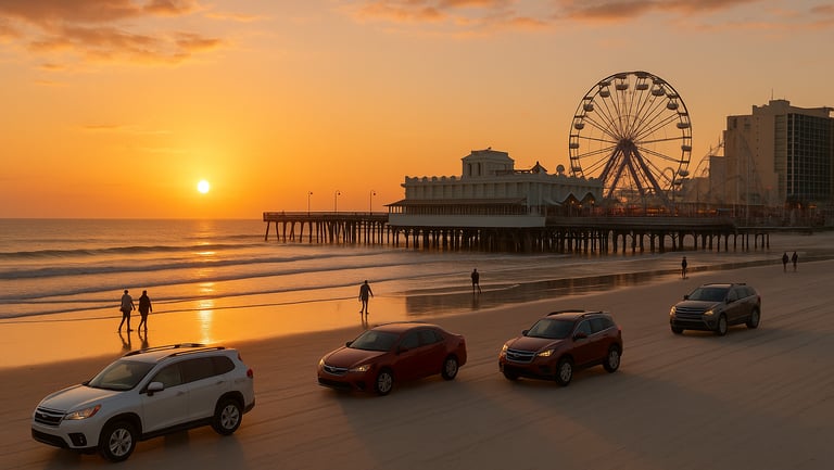 Sunrise on Daytona Beach with beachgoers and vehicles on the sand near the pier and boardwalk rides.