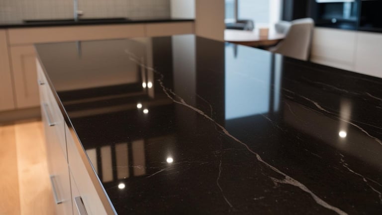 a kitchen counter top with a black granite counter top