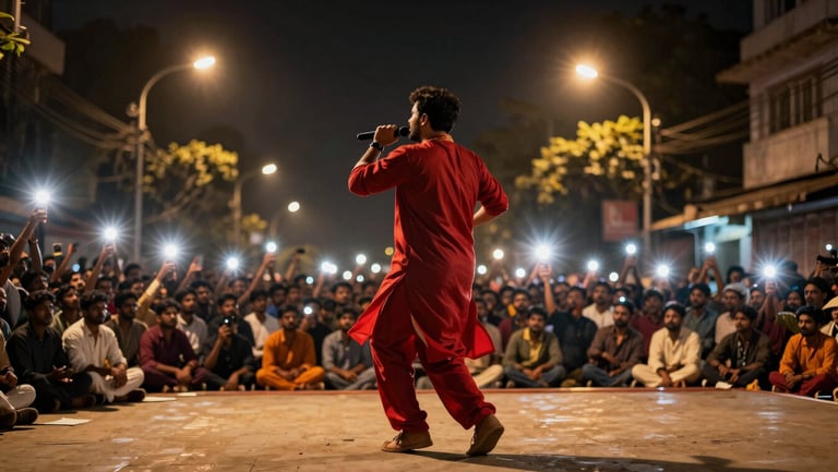 Dynamic night-time street shot of the Aawartan pathak performing surrounded by a sea of spectators, flashlights and streetlights creating dramatic flares, 35mm.