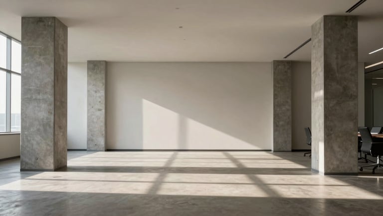 Wide panoramic shot of a minimalist, sunlit corporate boardroom in New Delhi with concrete pillars and structured shadows