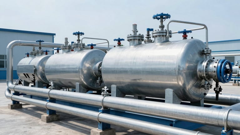 Heavy industrial RO skids with stainless steel piping and pressure vessels in a clean factory environment, cool blue tones, sharp focus.