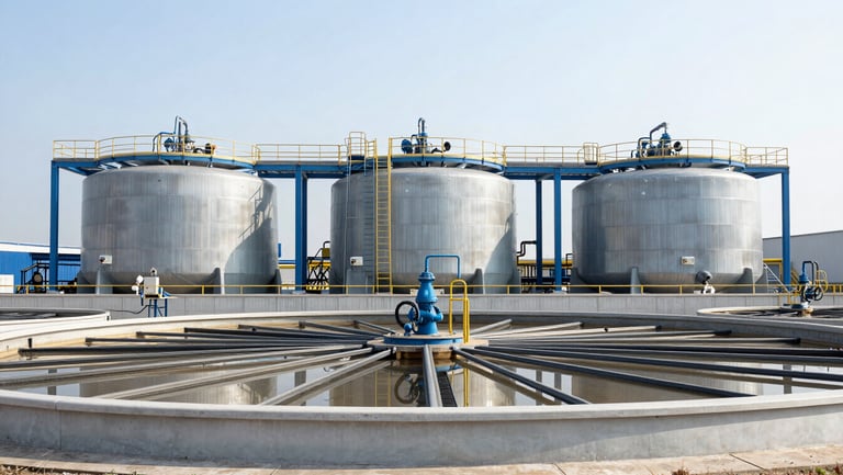 An operational wastewater sewage treatment plant with active aeration tanks, outdoor daylight, industrial engineering framing.